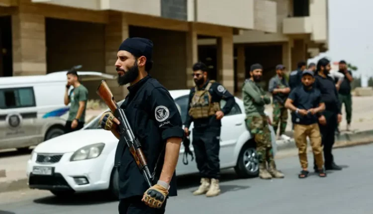 قوات الأمن السورية تقوم بتفتيش المركبات عند مدخل بلدة صحنايا، سوريا، 1 أيار مايو 2025